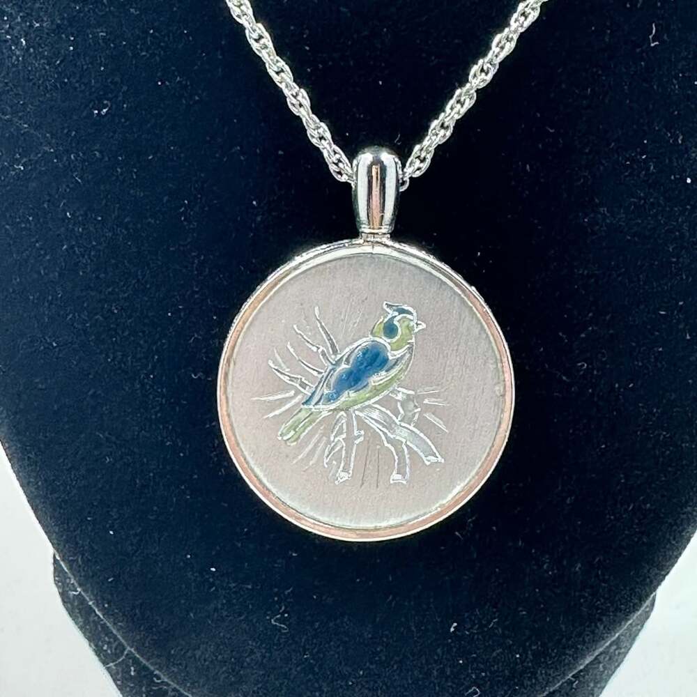 W. Kelly Waters Signed Bird Pendant Necklace Silver Tone Blue Green Vintage